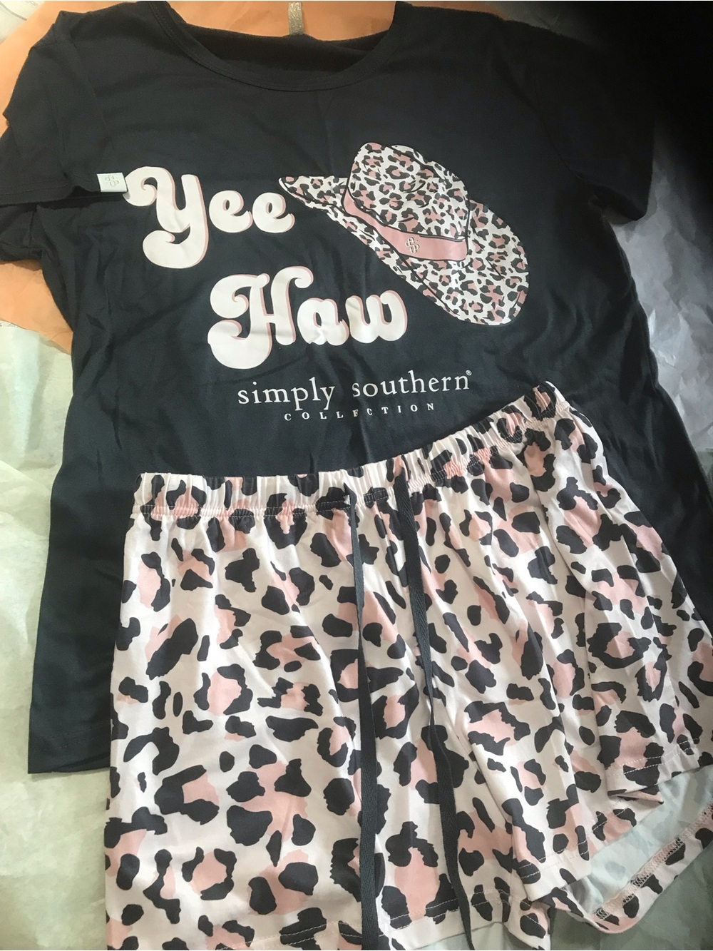 Simply Southern Black Tee with Pink Leopard Print Shorts